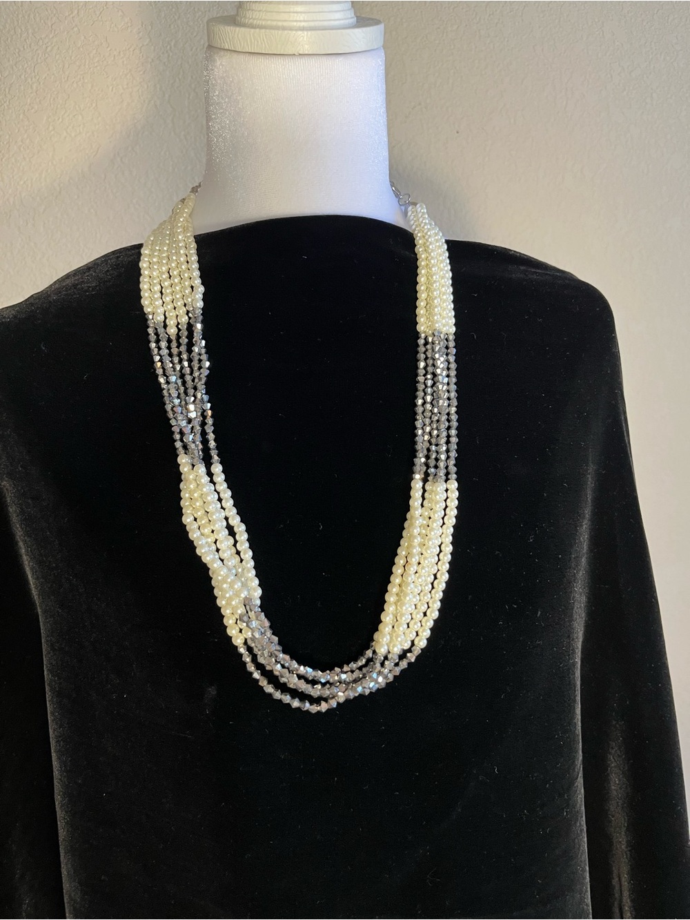 Layered Pearl and Crystal Multi-Strand Necklace in Cream and Silver